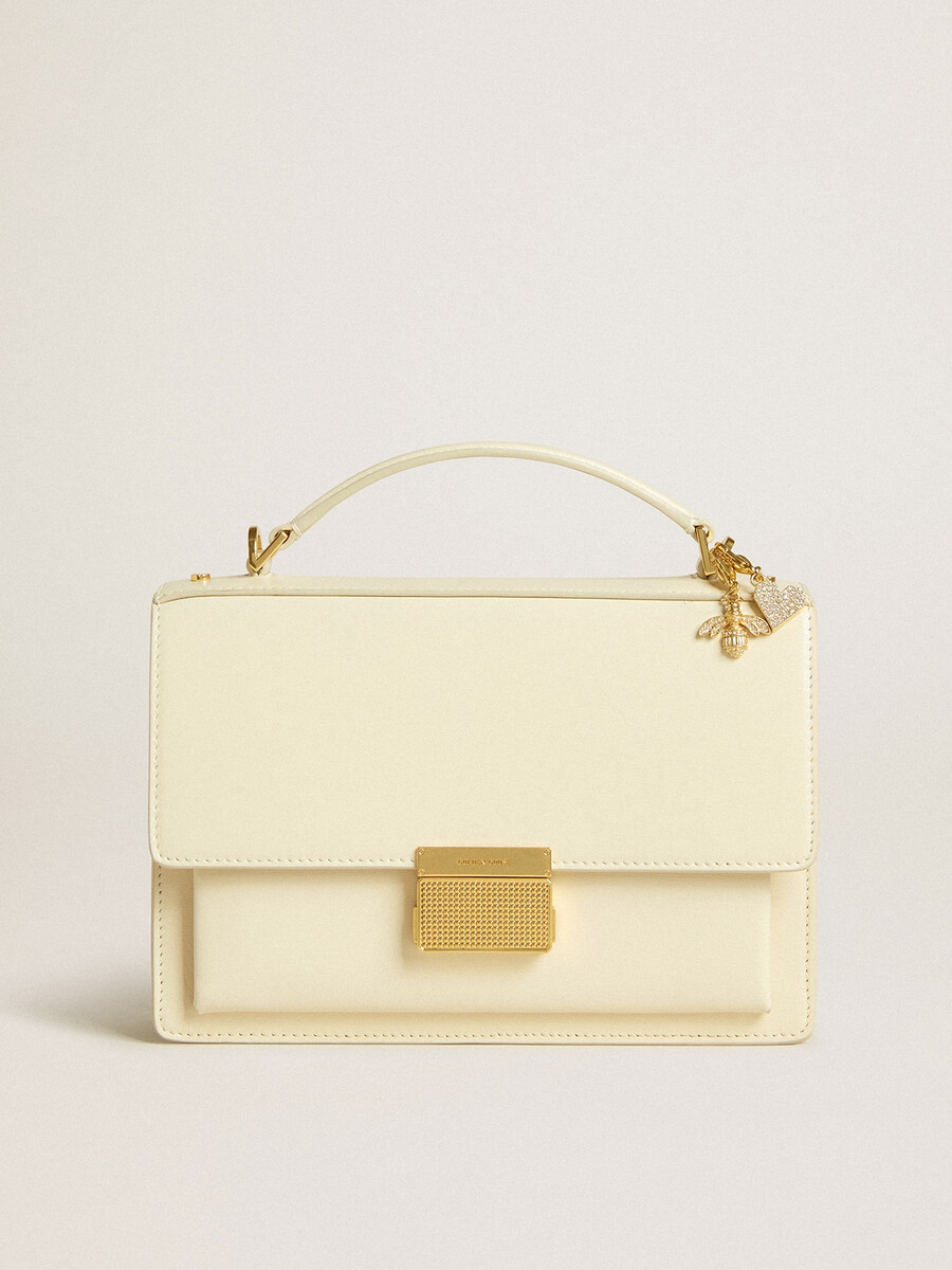 venezia-tas van boterkleurig geribbeld leer met dubbele hanger.