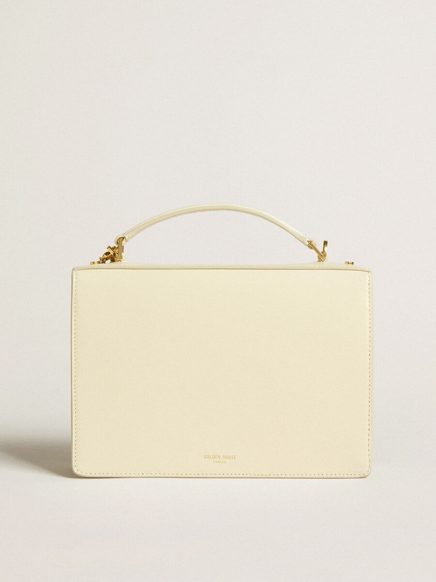 venezia-tas van boterkleurig geribbeld leer met dubbele hanger.